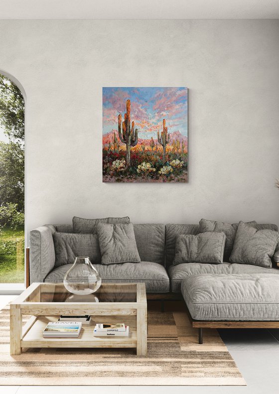 Cacti in the Desert at Sunset