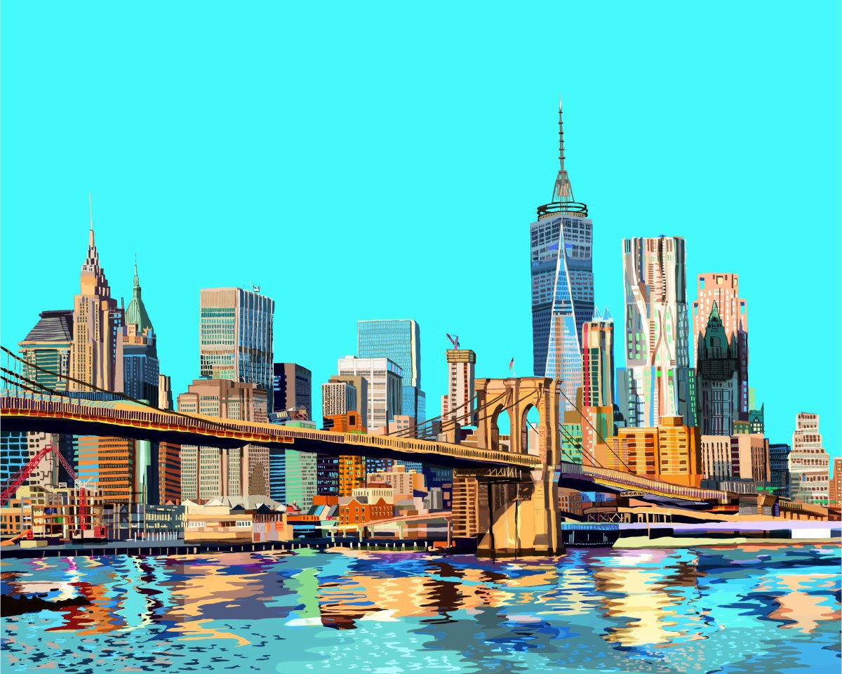 A3 Brooklyn Bridge, Manhattan, New York City Illustration Print by Tomartacus
