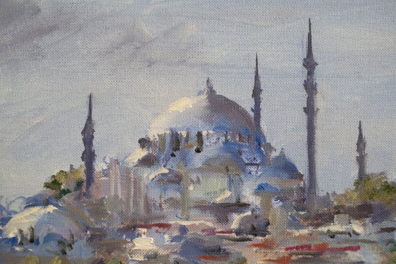 View of Suleimanie mosque. Istanbul, Turkey. Original oil painting. Travel landscape moody grey decor landscape urban view sea seascpae