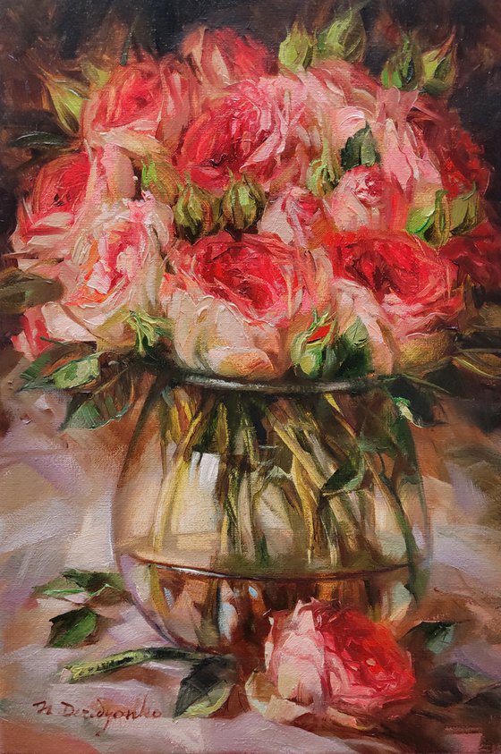 Roses flowers oil painting original canvas art, Floral painting red rose artwork impressionist, Birthday gift for women