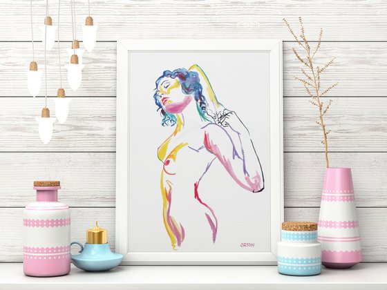 Female Nude Art Original Painting Drawing Charcoal Water Colour Nude