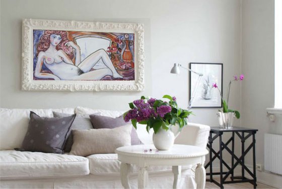 Portrait of nude girl with still life in Paris painting 50x100x2 cm decor original art F093 acrylic on stretched canvas wall art