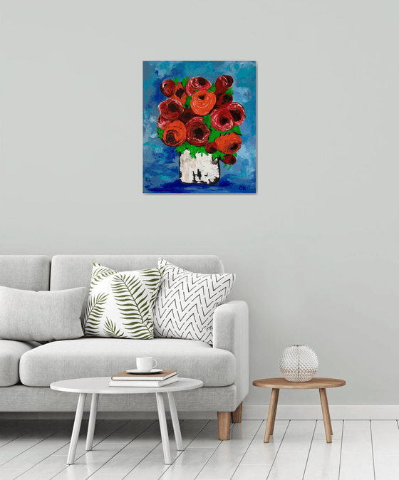 BOUQUET OF Red  Roses textured acrylic painting, palette knife artwork