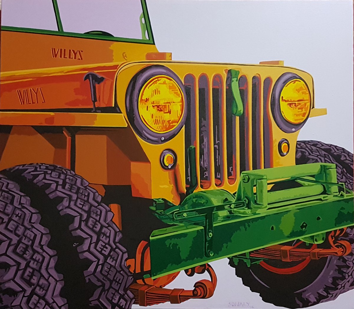 Urban And Pop Transport Acrylic Painting By Sonaly Gandhi, 48 X 42", Automobiles - Classic Meets Pop - Willeys Jeep, Artfinder