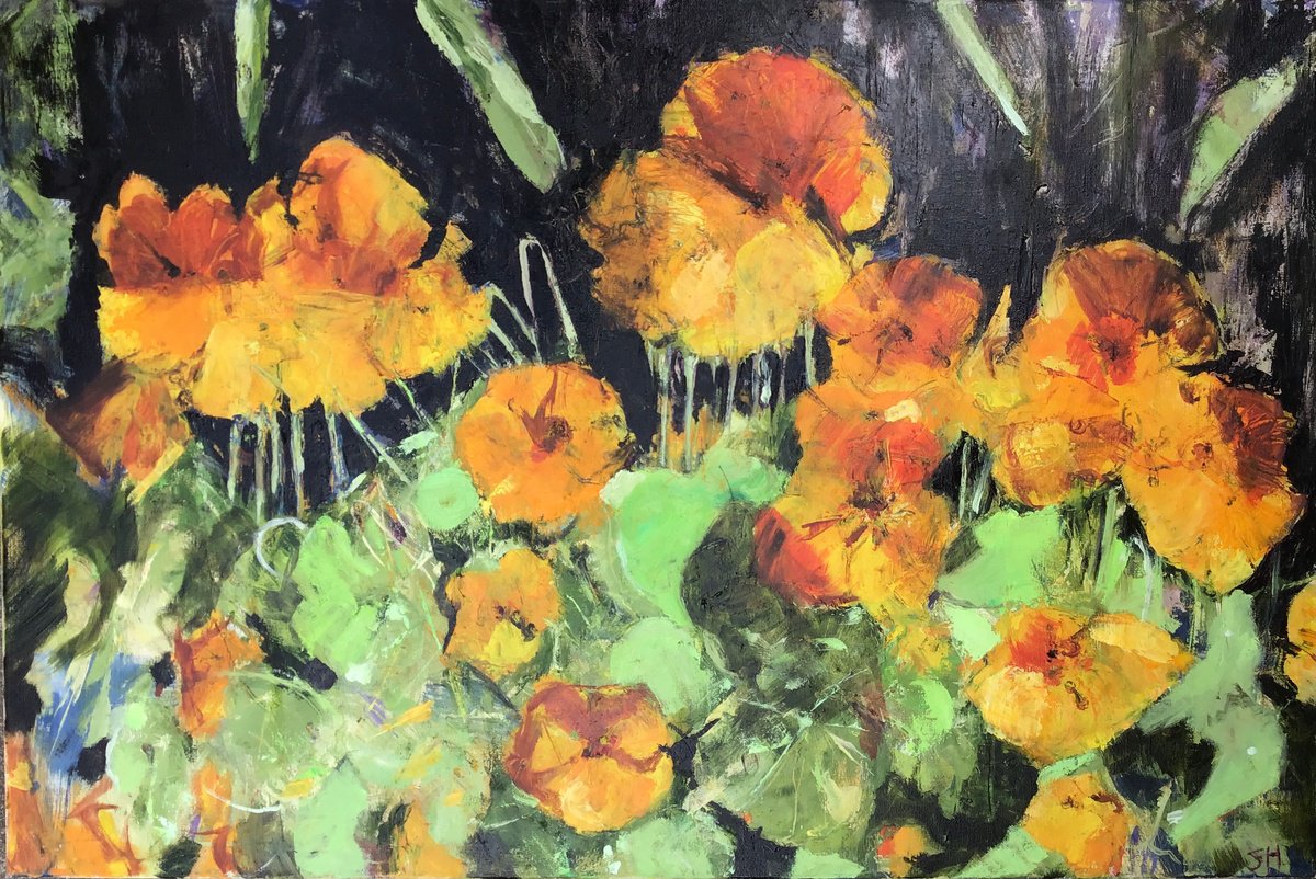 Expressive Botanical Oil Painting By Sandra Haney, 35 X 24", Nasturtiums, Original Artwork