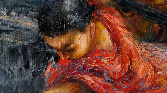 Dance of passion FLAMENCO - oil painting, large painting for the living room, original artwork, palette knife, 90x110cm