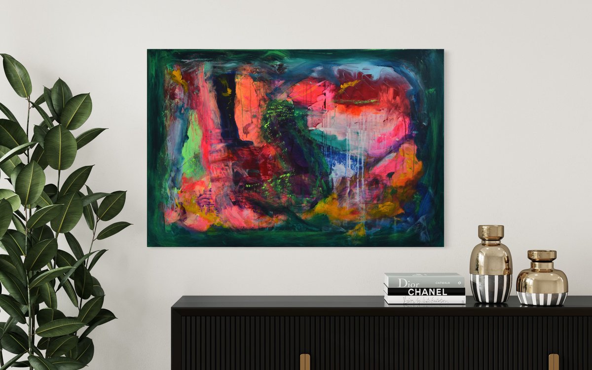 Organic Animal Acrylic Painting By Sebastian Merk, 47 X 31", Hummingbird Paradise, Original Artwork