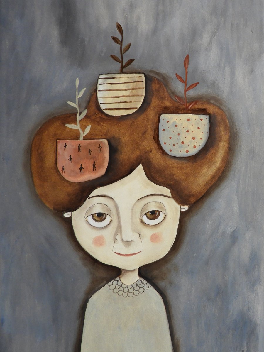 Illustrative Oil Painting , Thinking About Potted Plants By Silvia Beneforti, 12 X 17, Artwork For Sale On Artfinder