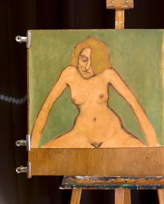 study of a nude woman on a green background