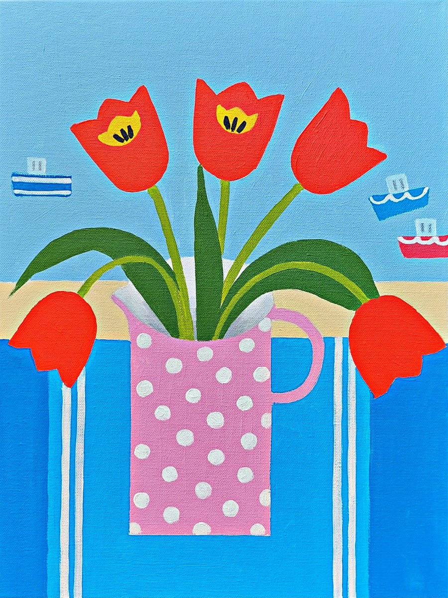 Tulips and Harbour Boats by Jan Rippingham