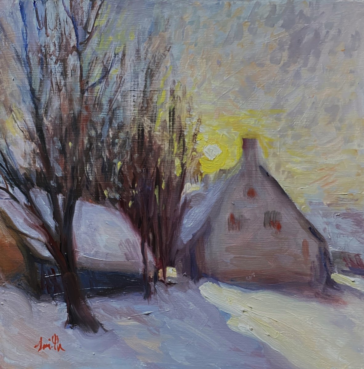 Cottages in the Winter Snow. by Jackie Smith