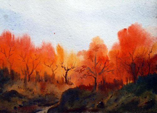 Autumn Mountain Forest - Watercolor on Paper Painting by Samiran Sarkar