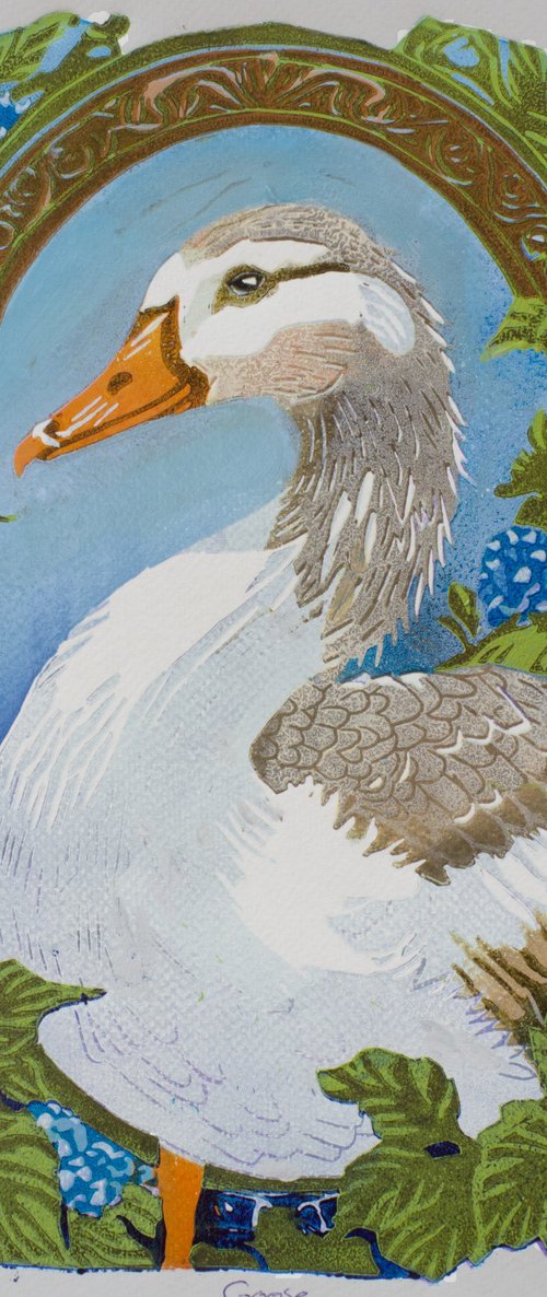 Goose – reduction linocut print by Jennie Smallenbroek