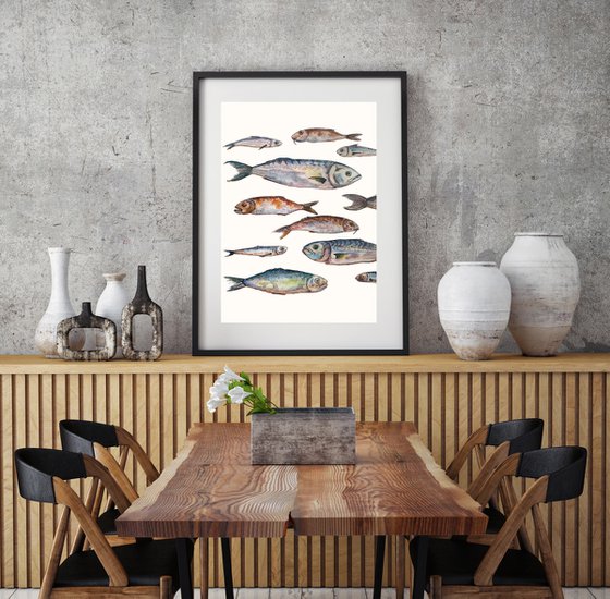 Set of fish - original seafood watercolor paintink and ink graphic