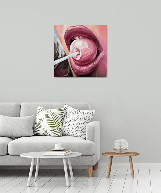 CHUPA CHUPS - original oil painting, pink, lips, gift, home decor, office decor, wall art,