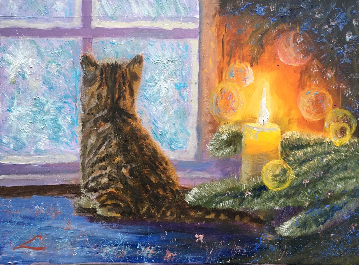 Impressionistic Animal Oil Painting By Elena Sokolova, 16 X 12, Christmas Window 2, Original Artwork