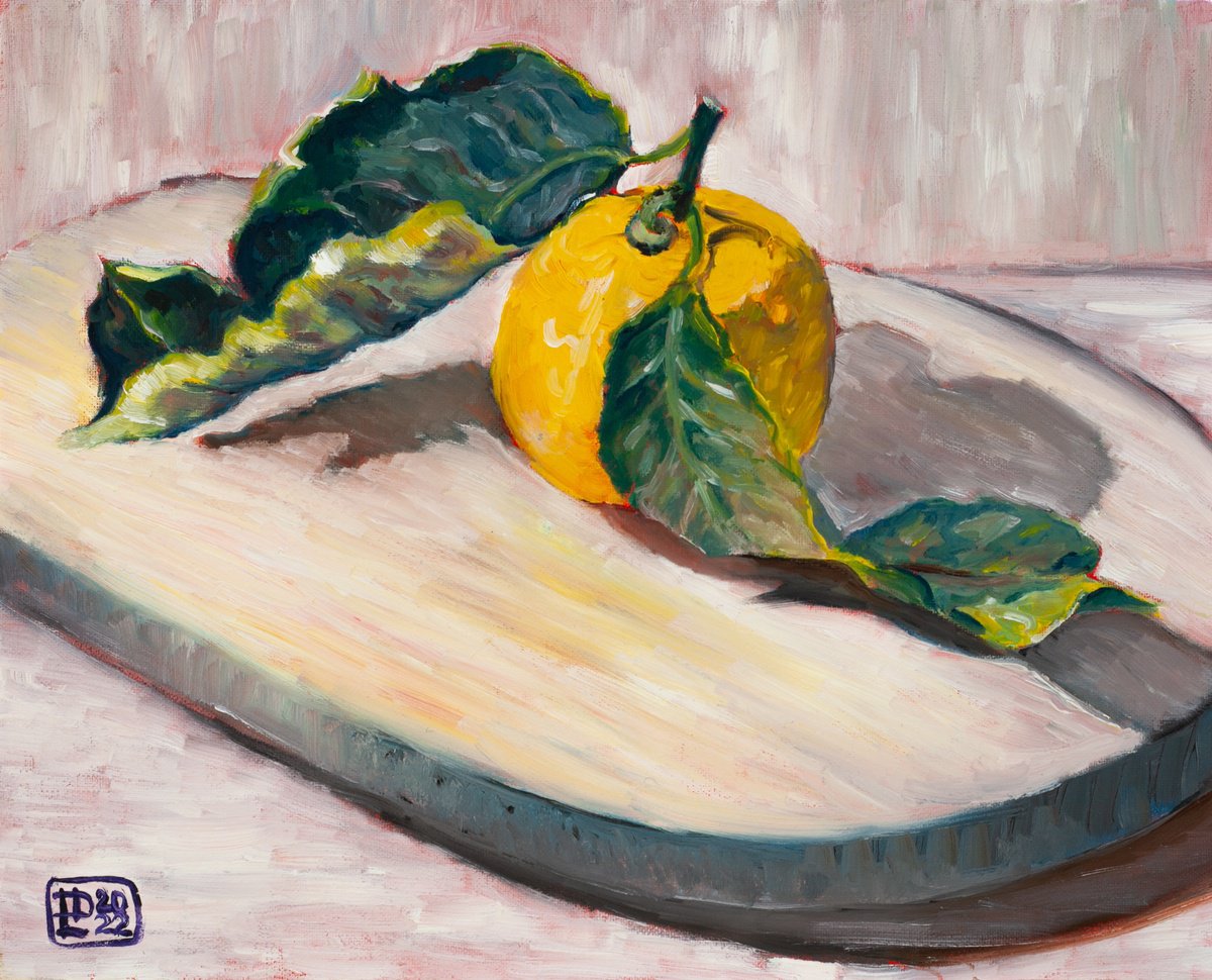 Impressionistic Still Life Oil Painting By Liudmila Pisliakova, 12 X 9", Lemon On The Board, Original Artwork