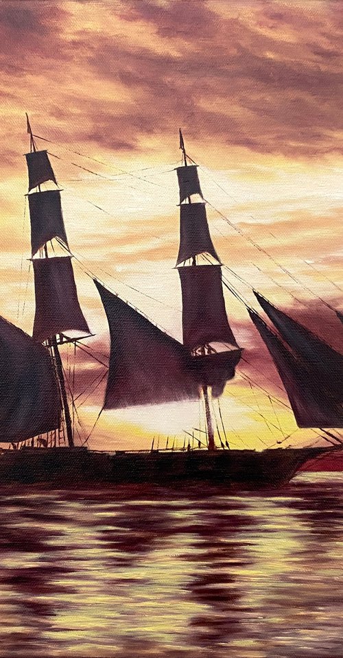 Sails in the orange sunset by Olga Kurbanova