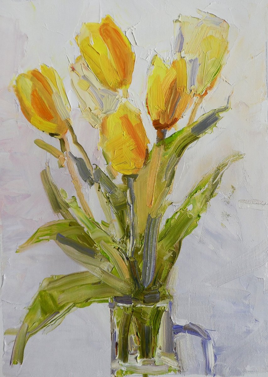 Impressionistic Botanical Oil Painting By Yehor Dulin, 10 X 14", Tulips, Original Artwork
