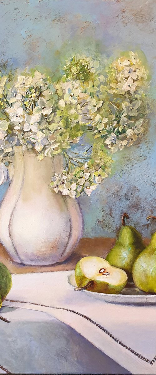 "Still Life with Hydrangea and Pears"  pears  liGHt original painting PALETTE KNIFE  GIFT (2019) by Anna Bessonova (Kotelnik)