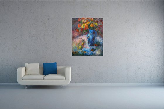 Chrysanthemums in a Blue Jug