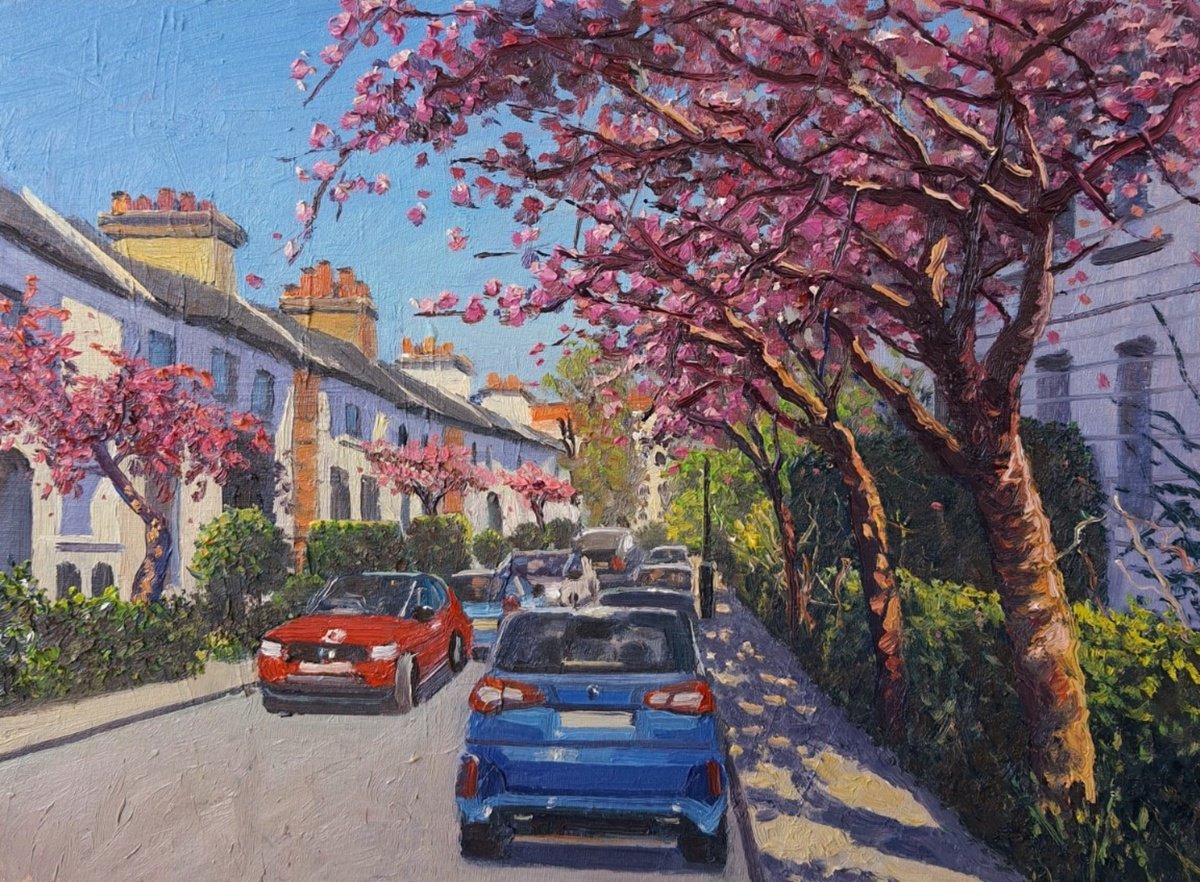 Impressionistic Cityscapes Oil Painting By Roberto Ponte, 16 X 12", Cherry Blossom London, Original Artwork