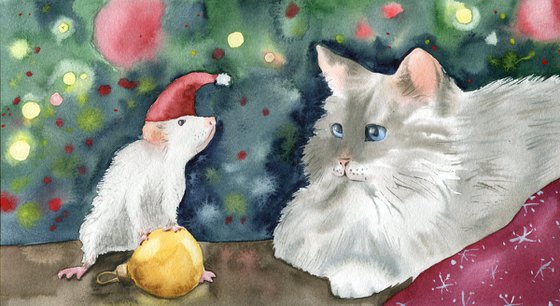 New Year's illustration with a white cat and a mouse. Original watercolor artwork.