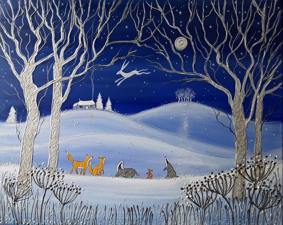 Night of the Moon Hare - Mystical Art - White Hare - Winter Painting - Snow Scene