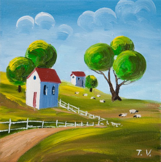 Naive country landscape. Miniature 6 x 6in.