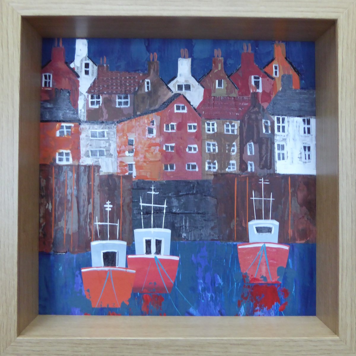 Landscape Collage By Elaine Allender, 11 X 11, Staithes Trawlers, Original Artwork