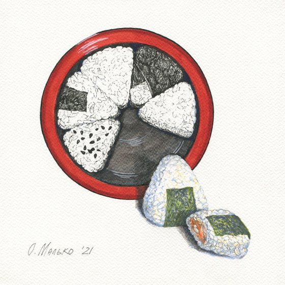 Japanese cuisine. Onigiri & Wagashi / Original diptych Food drawing Japanese style Kitchen decor Dining room wall art