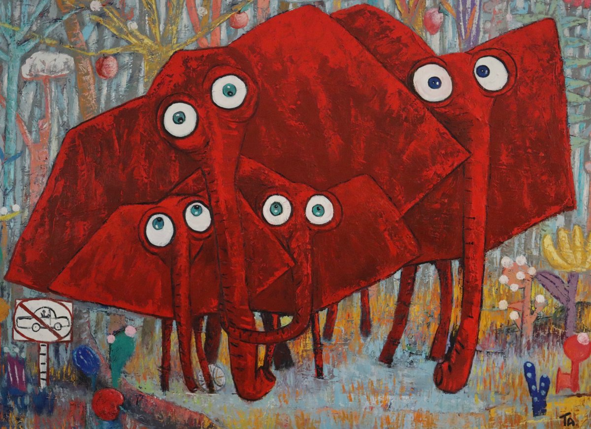 Abstract Oil Painting By Ta Byrne, 71 X 51", Four Elephants, Original Artwork