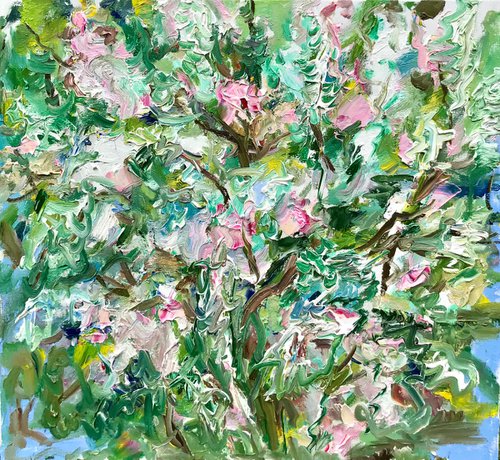 Lilac Tree - landscape art, original oil on canvas, gift by Karakhan