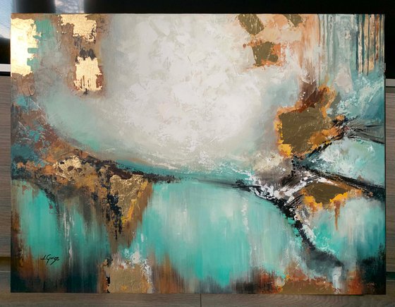 Awake my Soul - Teal Abstract Painting 32" Large Canvas, Gold Leaf, Minimalist Painting, Blue Green Aqua Abstract Painting