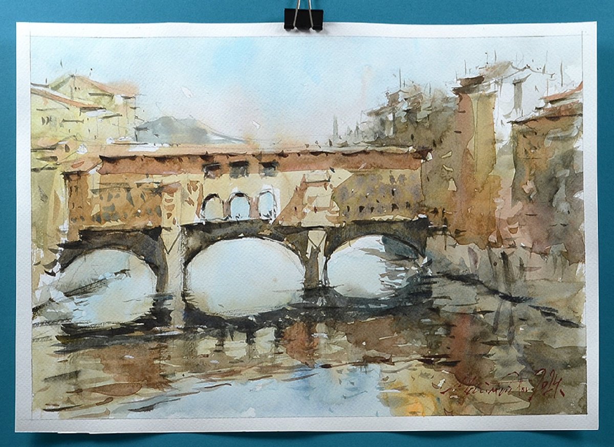 Impressionistic Cityscapes Watercolour By Marin Victor, 14 X 10", Florence, Ponte Vecchio,, Original Artwork