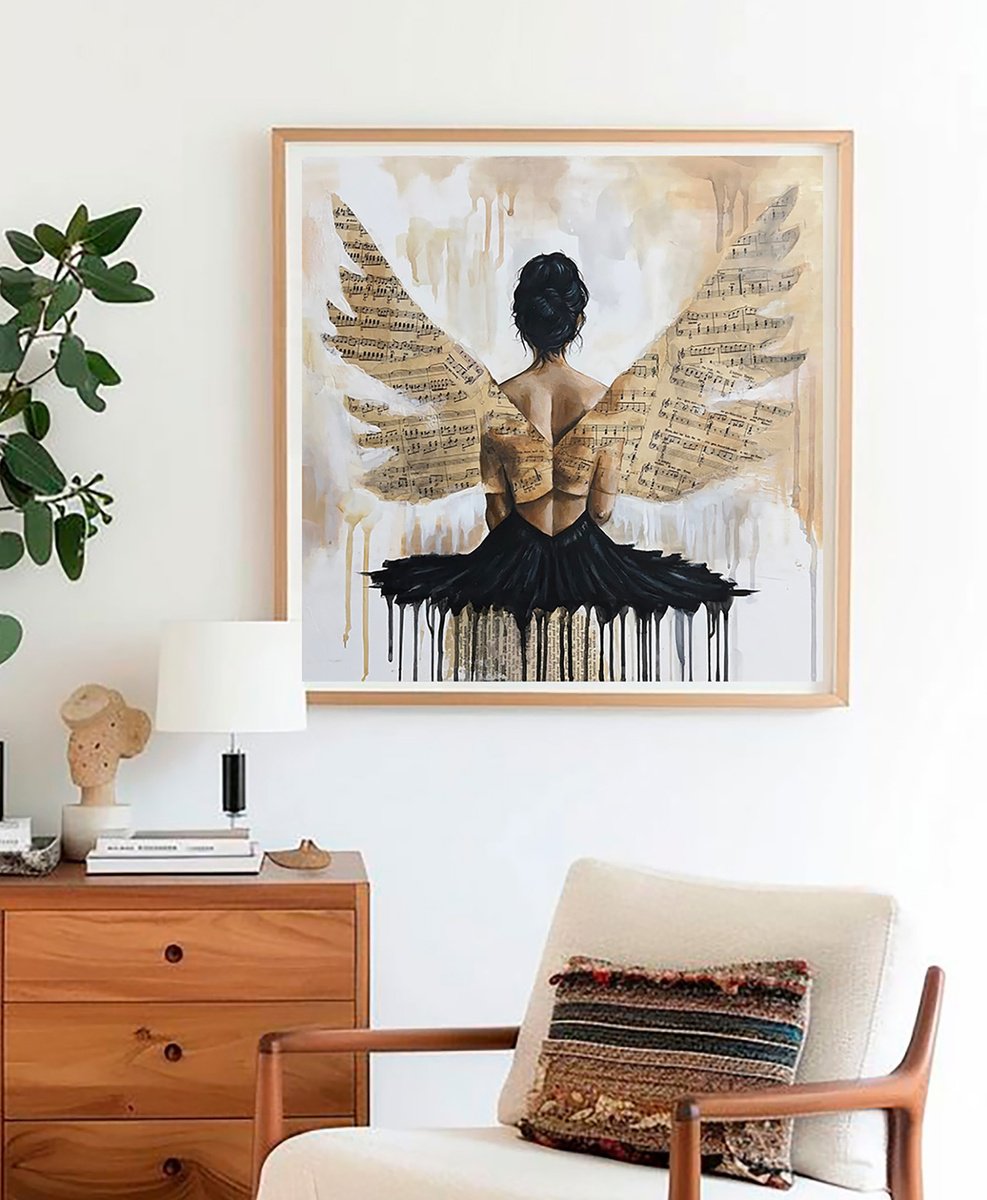 Surrealistic Portrait Painting By Julia Shilo, 20 X 20", Wings Of Melody - Vintage Sheet Music Collage, Original Artwork