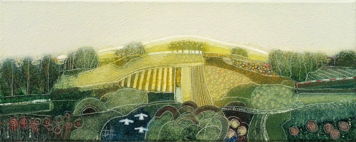 Landscape Oil Painting By Rob Van Hoek, 21 X 9", A Hilltop Paved With Gold, Original Artwork