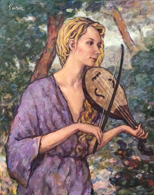 Lady with Rebec, medieval instrument, string instrument, music in the garden, ancient instrument, musical instrument, violinist by Surin Jung