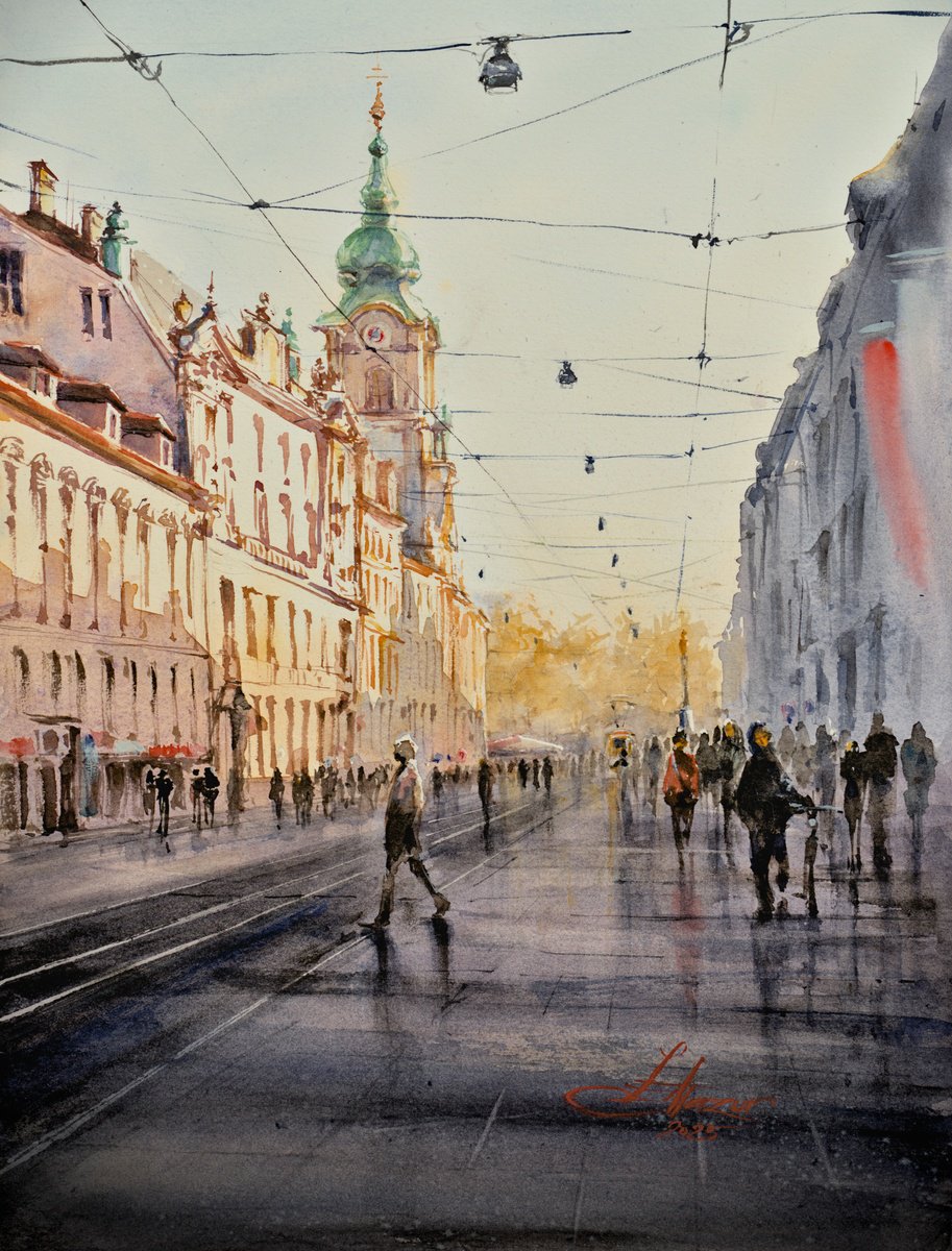 Impressionistic Cityscapes Watercolour By Eve Mazur, 12 X 16, Graz, Herrengasse., Original Artwork