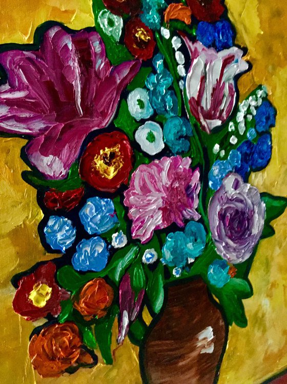 Bouquet of abstract flowers in a vase Tulips, roses palette knife painting yellow pink blue purple bouquet modern wall decor present idea