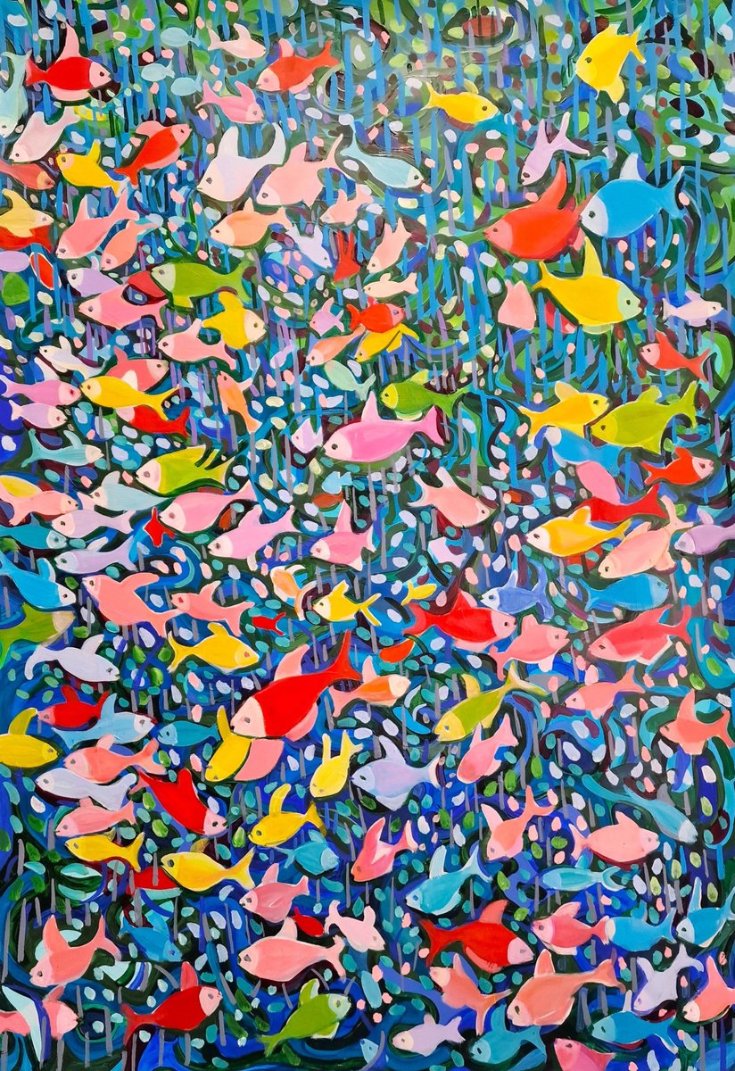 Impressionistic Animal Acrylic Painting By Alexandra Djokic, 28 X 39, Aquarium No2, Original Artwork