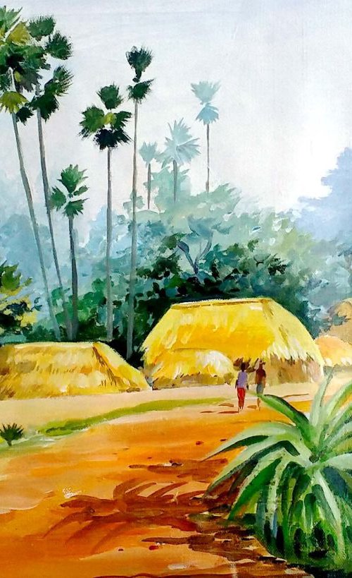 Rural Bengal Village - Acrylic on Canvas Painting by Samiran Sarkar