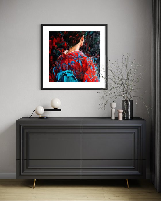 RED BLUE-GIRL IN KIMONO