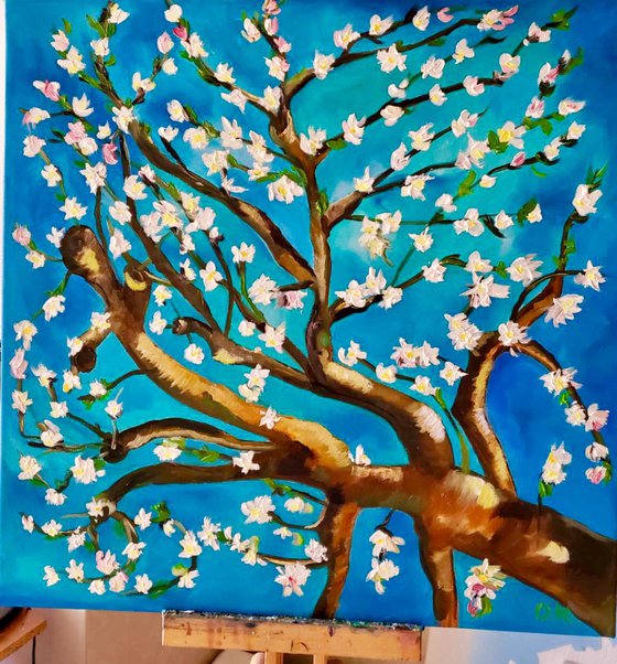 Almond blossom on turquoise inspired by Vincent Van Gogh oil painting ready to hang