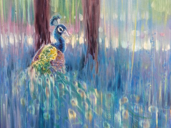 In His Element, a peacock in bluebell landscape painting