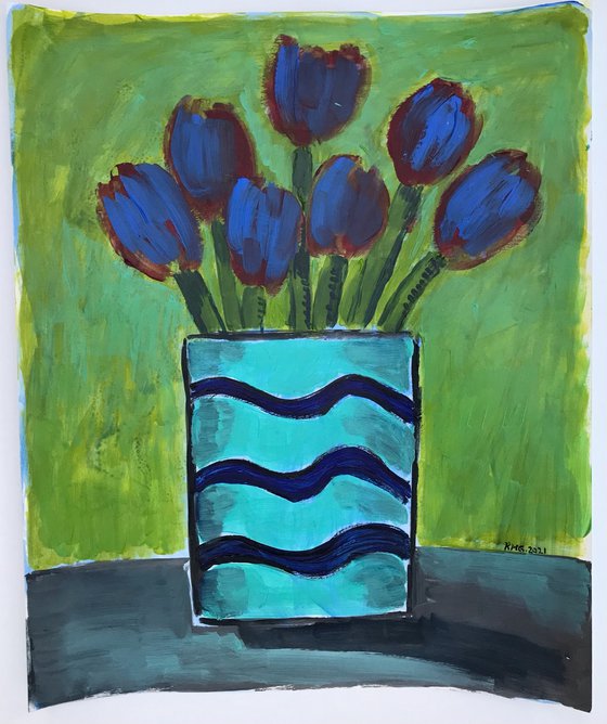 Vase With Blue Tulips