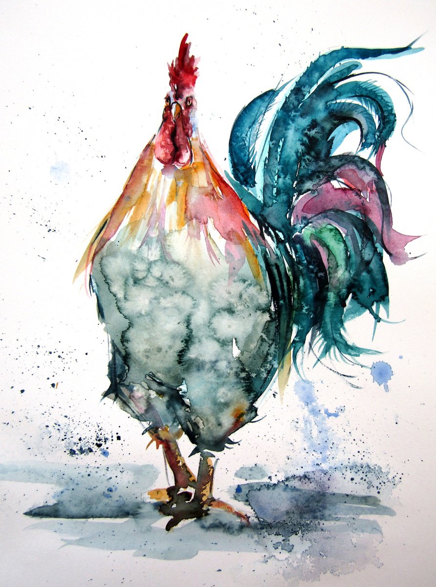 Impressionistic Animal Watercolour By Kovacs Anna Brigitta, 10 X 14", Rooster In The Yard, Original Artwork