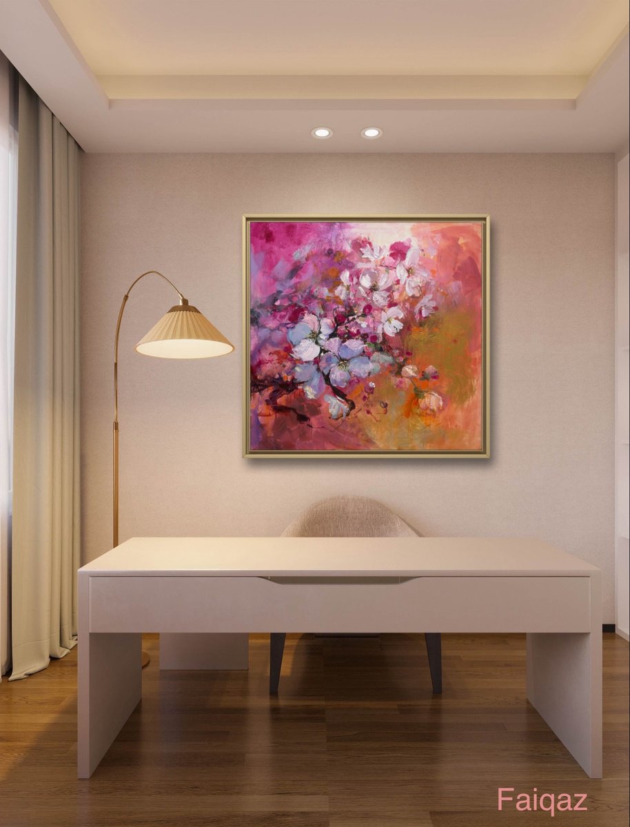 Impressionistic Botanical Acrylic Painting By Faiqa Uppal, 39 X 39, My First Pink Blossoms, Original Artwork