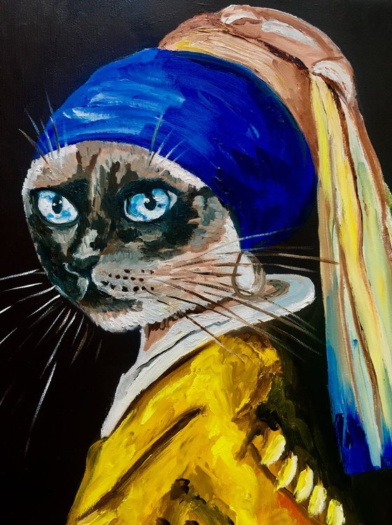 Siamese Cat with the pearl earring. Feline art.