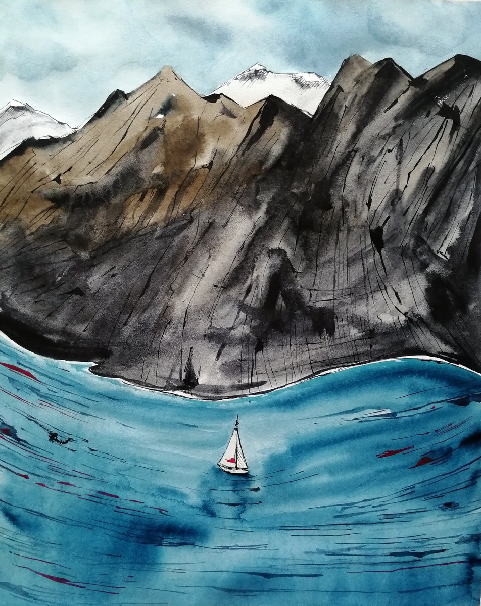 Sailboat painting/ Scandinavian landscape by Marina Zhukova